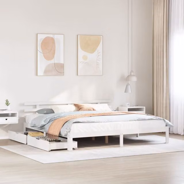 Berkfield Home White Solid Wood Bed Frame with Drawers, W/D/H: 200 x 200 cm