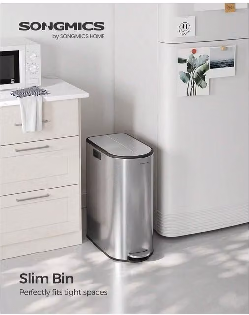 SONGMICS Slim Dual-Compartment Kitchen Bin with Swing Lid in Silver