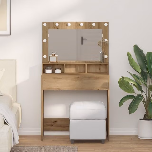 Berkfield Home Modern Oak Dressing Table with LED Lights in Beige, W/D/H: 79 x 41 x 135 cm