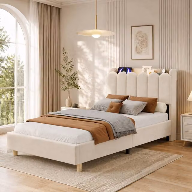 Matteo Single Platform Bed Frame in Beige Velvet with USB Charging Port, Bedside Shelf, Reading Light and Side Compartments, W/D/H: 90 x 190 cm