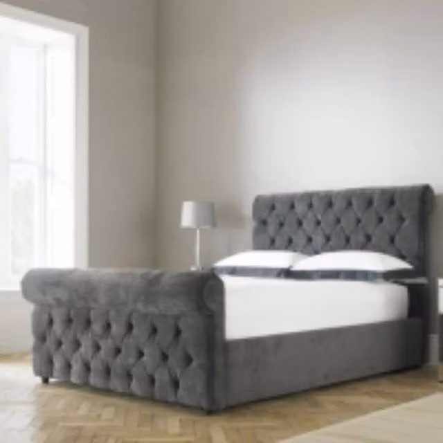 Stratus Interiors Valentino Chesterfield Sleigh Bed in Grey Velvet, Double Size 140 x 200 cm