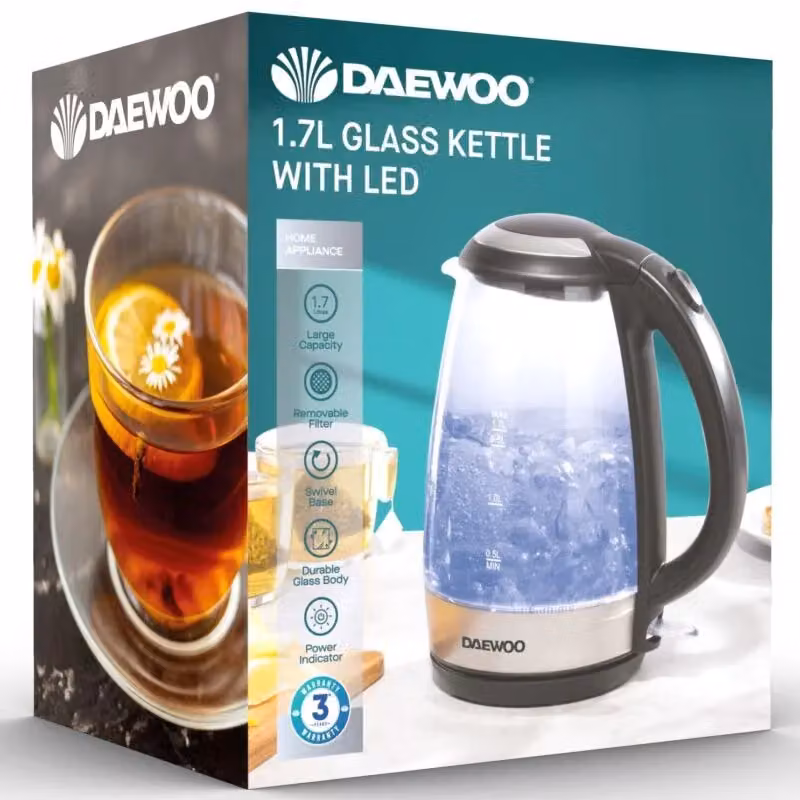Daewoo 1.7L Glass and Stainless Steel Electric Kettle with LED Light, 2200W Fast Boil and Auto Shut-Off in Transparent Blue – 7
