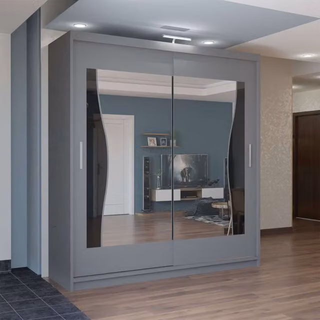MN Furniture Basel Grey Glossy Sliding Wardrobe with LED Lighting, W/H: 120 x 217 cm