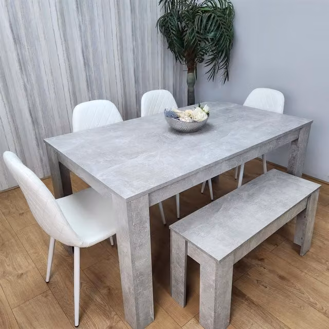 Kosy Koala Modern Wooden Rectangle Dining Set in Brown with 4 White Chairs and Bench