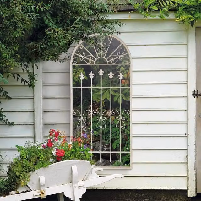 MirrorOutlet Gothic Arch Stone Coloured Large Garden Wall Mirror, H 140 cm x W 65 cm