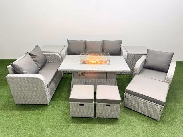 Fimous Patio 9 Seater Grey PE Wicker Rattan Outdoor Furniture Set with Firepit Dining Table, Reclining Chairs, Loveseat, 3 Seater Sofa and Stool
