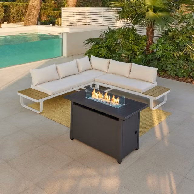 Roman L-Shape Aluminium Garden Sofa Set with Coffee Table and Ottoman in White and Grey