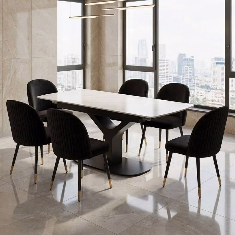 Home Luxe Interior Sapphire Extending White Quartz Dining Table and 6 Black Liza Chairs – 2