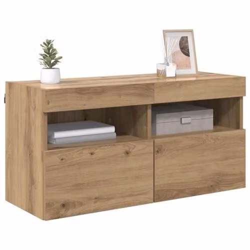 vidaXL Modern Wall-Mounted TV Cabinet in Oak with Integrated Lighting and Internal Shelves, W/D/H: 80 x 40 x 40 cm – 1