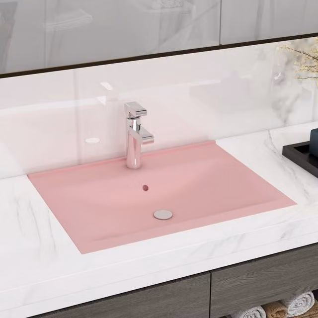 Berkfield Home Luxury Rectangular Ceramic Wall Hung Basin with Faucet Hole in Matt Pink, W: 60 cm, D: 46 cm