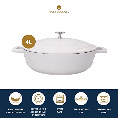 MasterClass Shallow Casserole Dish with Lid, Non-Stick Aluminium and Stainless Steel, 4L, Cream – 2