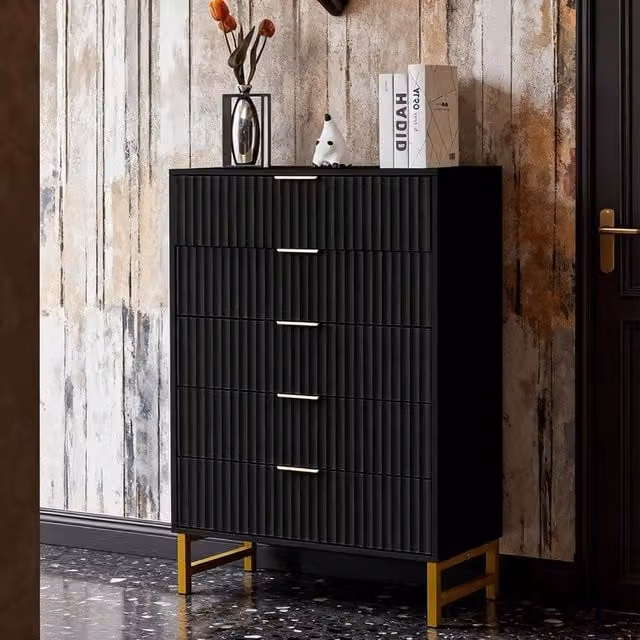 FURNITURE ONE Modern Black Chest of 5 Drawers Storage Cabinet with Gold Metal Legs, W: 120 cm, H: 80 cm, D: 40 cm – 1