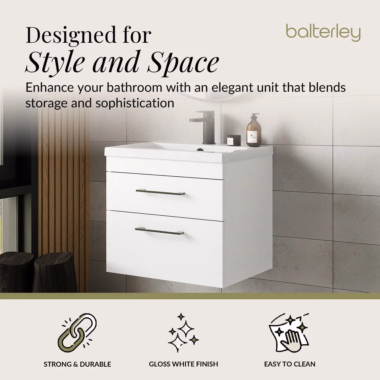 Balterley 2 Drawer Wall Hung Bathroom Vanity Basin Unit in White with Black Handles, Width: 60 cm – 2
