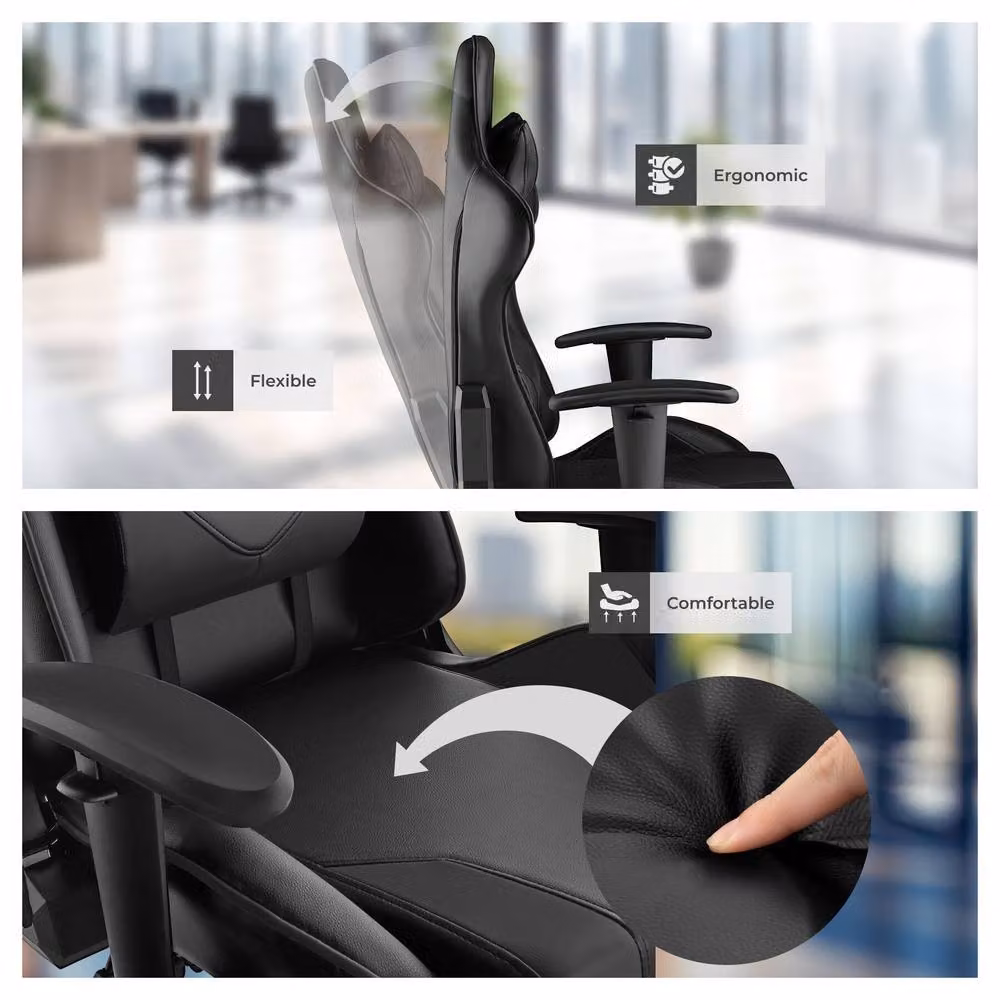 tectake Stealth Gaming Chair in Black with Synthetic Leather and Headrest – 7