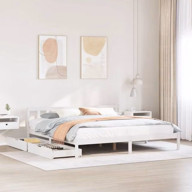 Berkfield Home White Rustic Solid Wood Pine Bed Frame W/D/H: 180 x 200 cm