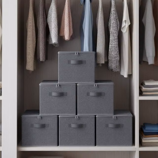 SONGMICS Set of 3 Foldable Fabric Storage Organiser Boxes with Lids and Handles, Grey, W: 40 cm, D: 30 cm, H: 25 cm
