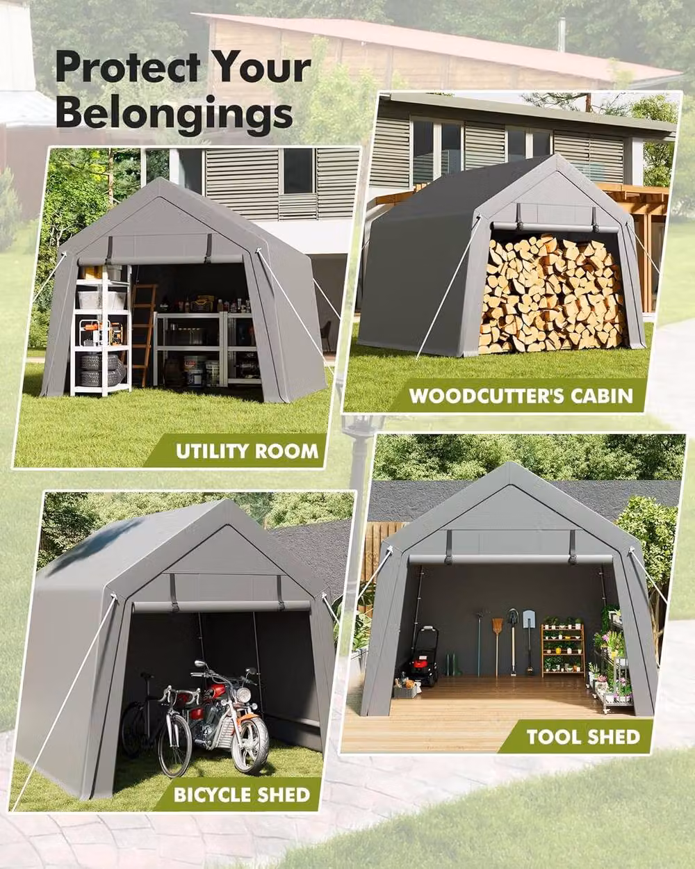 London Boutique Grey Metal Garden Storage Shed and Motorbike Shelter with Roll-Up Zipper Door and Gable Roof – 3