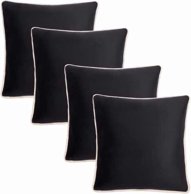 OHS Pack of 4 Matte Velvet Piped Edge Square Cushion Covers in Black