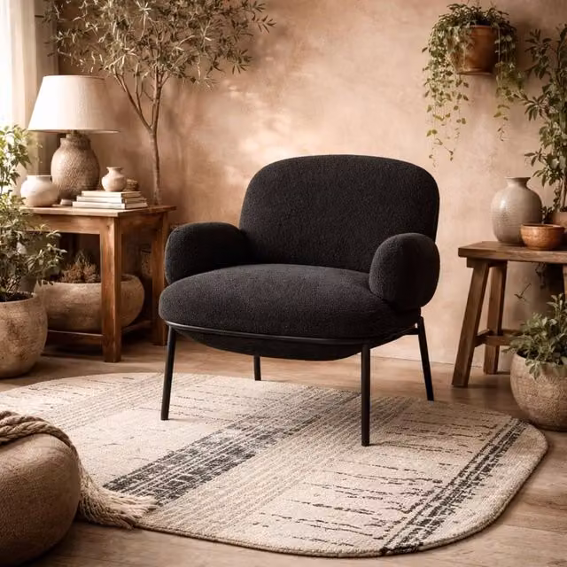 Wyld Haus Tritta Curved Black Bouclé Accent Armchair with Metal Frame