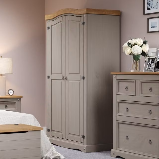 Core Corona Grey Waxed Pine 2 Door Wardrobe with Metal Detailing