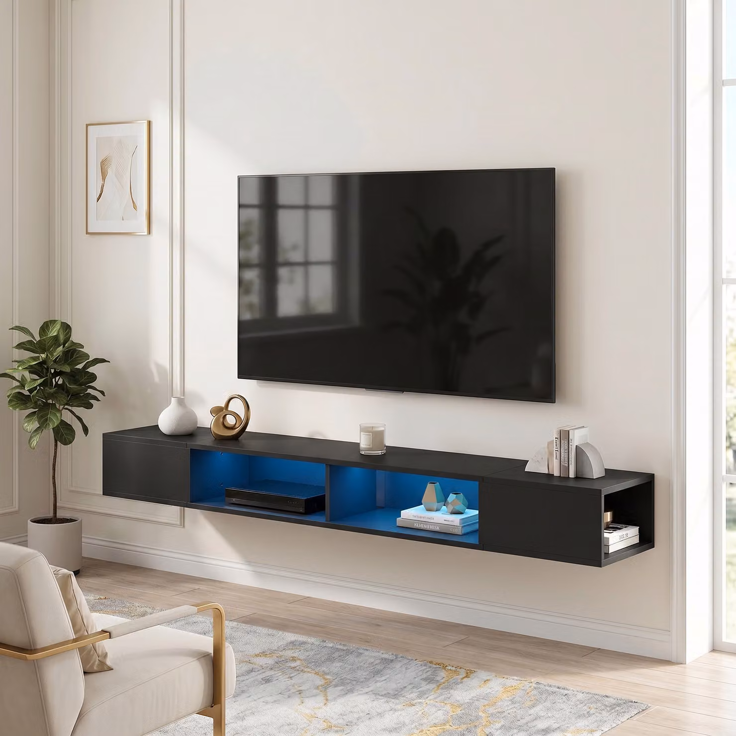 HOMCOM Wall Mounted TV Stand with RGB LED Lights, Black Floating Entertainment Centre for 75 Inch TVs – 2