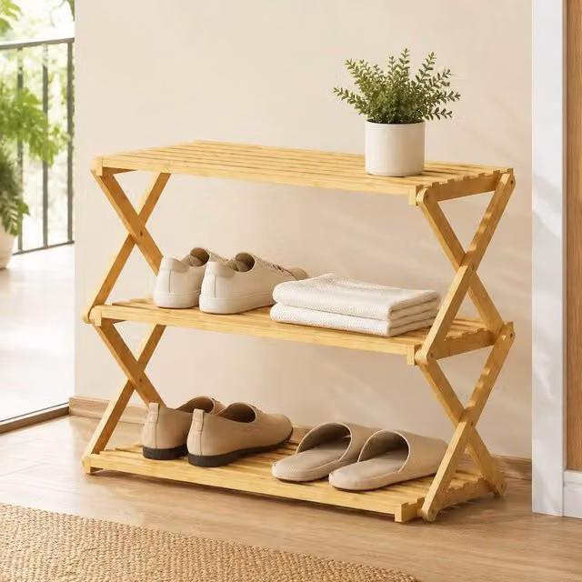 STILVORA Three-Tier Folding Bamboo Shoe Rack in Beige – 1