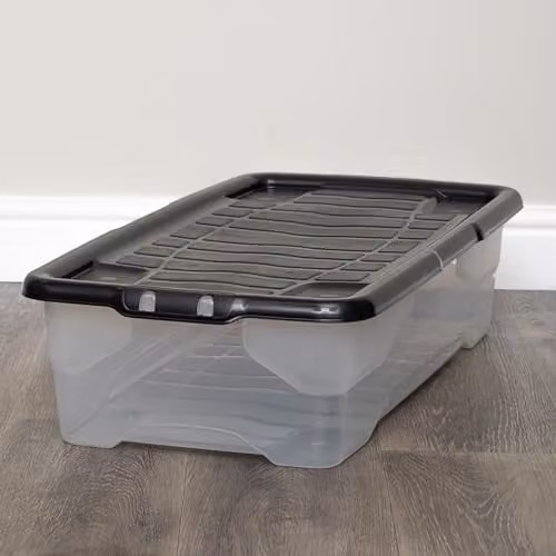 Samuel Alexander 2 Pack of 42L Under Bed Stackable and Nestable Storage Boxes with Black Lid, Transparent and Black – 3