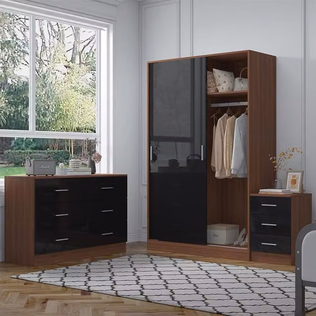REFLECT Bedroom Furniture Bundle with Sliding Wardrobe, Wide Chest and Bedside Table in Black Gloss and Matt Walnut