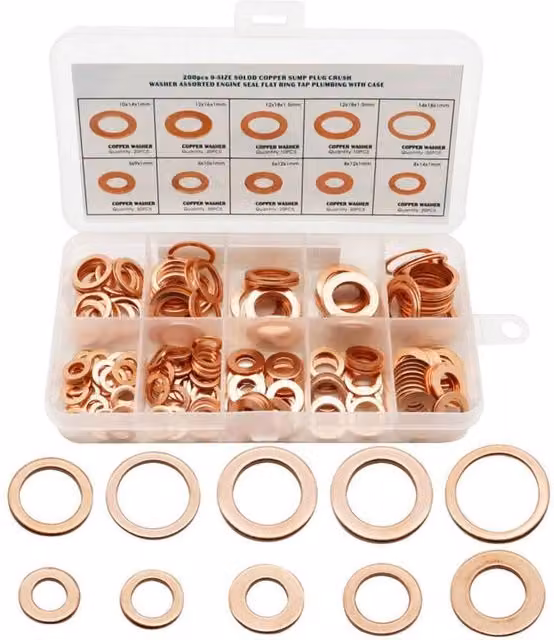 NESTLUNE 200-Piece Assorted Copper Sump Plug Washer Kit in a Plastic Box – 1