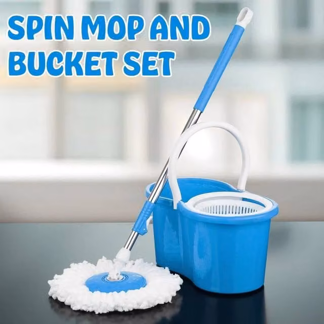 KORVIXA Mop Bucket Set with Wringer and 2 Microfibre Mop Heads, Blue, Height: 100 cm
