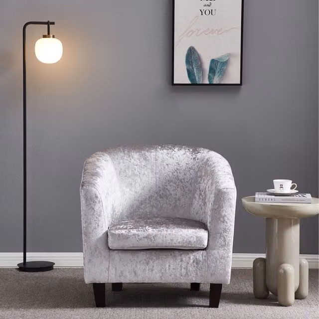 Comfy Living Silver Crush Velvet Tub Chair with Armrests and Solid Wood Frame