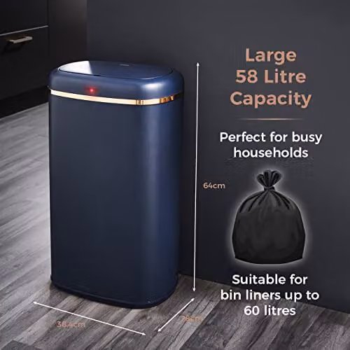 Tower T838010MNB Cavaletto Square Sensor Bin, 58L, Midnight Blue and Rose Gold, H: 64.5 cm, W: 38.5 cm, D: 28.0 cm – 3