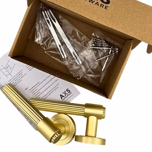 AXS Hardware Nevada Door Handle Pair on Rose with Stepped Collar Design, Bathroom Door Pack, Satin Brass – 2