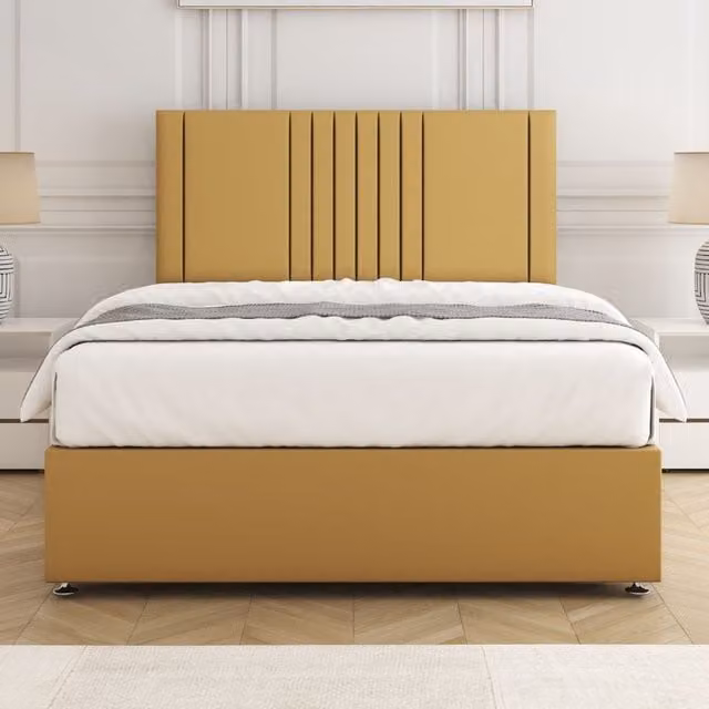 BSSPOKE Monaco Velvet Plush Divan Bed Set with 24 inch Headboard and Mattress in Mustard, Small Double, W/D/H: 120 x 200 cm