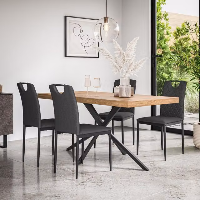 More4Homes Donni Dining Table and 6 Monza Linen Dining Chairs Set, Oak Effect Table Top with Black Legs and Charcoal Chairs, W/D/H: 160 x 80 x 76 cm