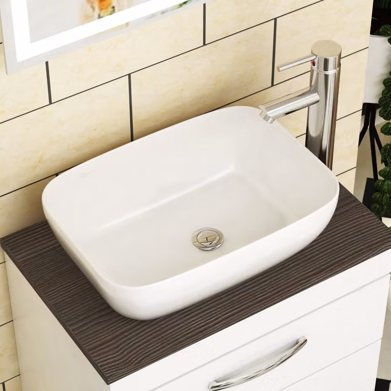Royal Bathrooms Elva White Ceramic Rectangular Countertop Basin, Width: 45.5 cm