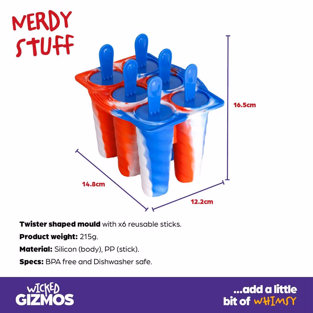 Wicked Gizmos BPA Free Spiral Ice Pop Mould with 6 Sticks in Tricolour – 6