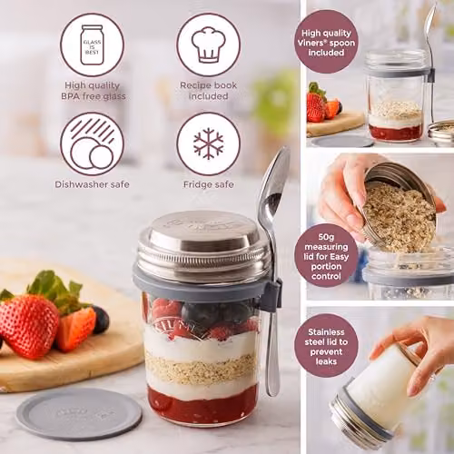 Kilner 0.35 l Transparent Breakfast Jar Set with Stainless Steel Spoon and Measuring Lid – 3