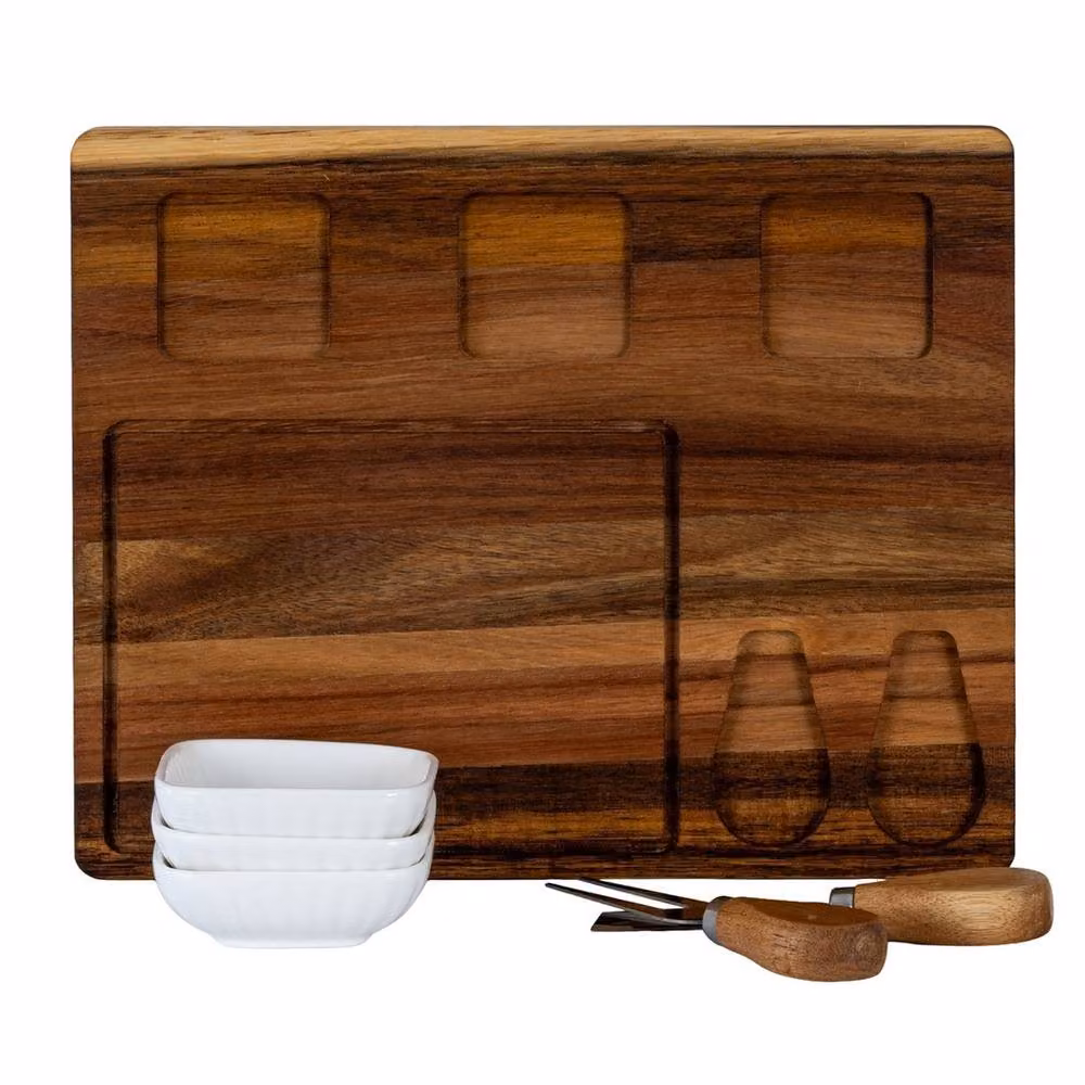 Lemon Pavilion Acacia Wood Cheese Board Set with White Ceramic Bowls and Cutlery, Brown – 3