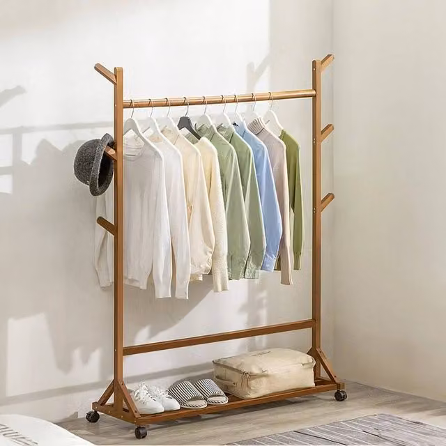 EONLION Brown Wooden Clothes Rail with Wheels and Bamboo Hanging Rack
