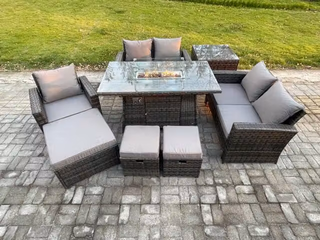 Fimous 8 Seater Rattan Outdoor Garden Furniture Set with Gas Fire Pit Table, Love Sofa, Armchair, 3 Footstools and Side Table in Dark Grey