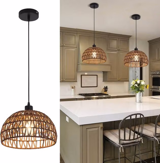 NIVOR Brown Rattan Farmhouse Single Pendant Light with Boho Rustic Cage Design and E27 Socket – 1