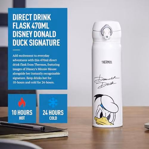 Thermos Disney Donald Duck Signature Vacuum Insulated Stainless Steel Drinks Flask, Multicolour and White, 470ml – 4