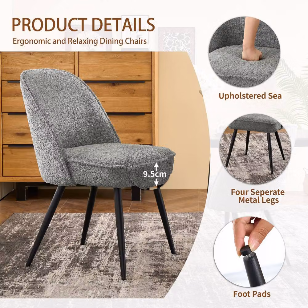 SONARA Set of 2 Modern Grey Bouclé Fabric Dining Chairs with Black Metal Legs – 4