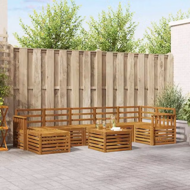 Berkfield Home 8-Piece Modern Outdoor Sofa Set in Brown Solid Acacia Wood with Cushions and Ottoman