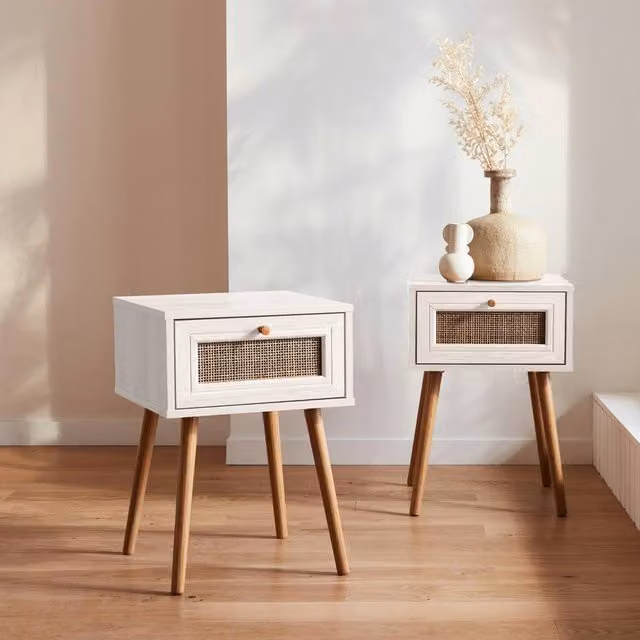 sweeek Pair of White Woven Rattan Bedside Tables with Drawer