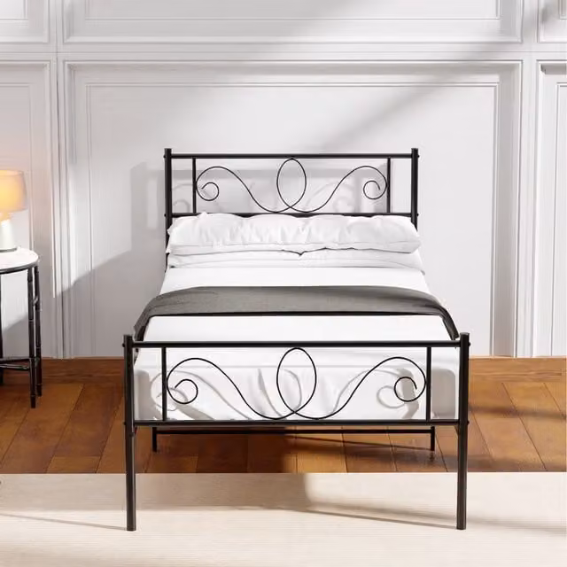 House of Home Modern Metal Bed Frame with Square Headboard in Black, W/D/H: 90 x 190 cm