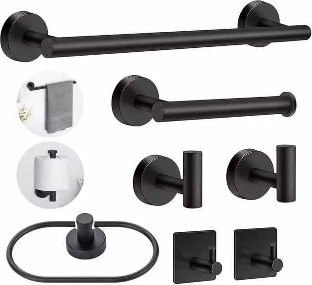 NESTLUNE 7 Piece Black Stainless Steel SUS304 Bathroom Hardware Set with Towel Rail – 1