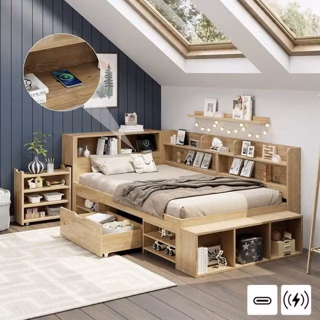 BTM multifunctional children's bed with drawers and bookcase storage in sand, W/D/H: 140 x 200 cm