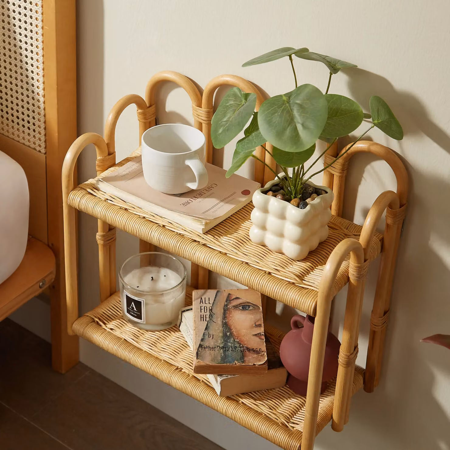 Nordlys 2-Tier Hanging Rattan and Wood Wall Mounted Storage Shelf in Brown – 3